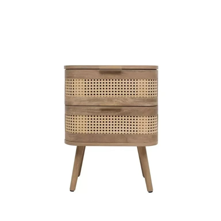 Lyra Side Table – Natural Wood with Rattan Front