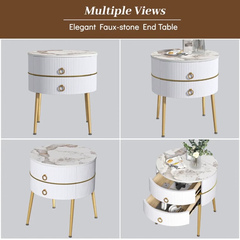 Midwest Round Side Table with Marble-Effect Top – Natural Wood