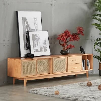 Picture of Lunari Natural Wood & Rattan TV Stand – Modern with Sliding Doors