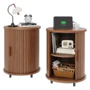 Luna – Round Side Table with Storage – Natural Wood