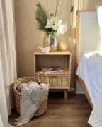 Liora Natural Wood Bedside Table – Open Shelf & Woven Drawer
