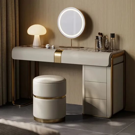 Amoura Vanity Set – Natural Wood with Matching Pouf, LED Mirror & Marble-Look Top