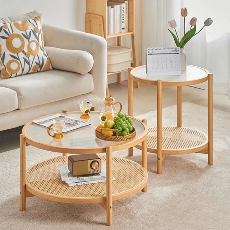 Picture of Solana Natural Wood Round Coffee Table – Glass Top with Rattan Base