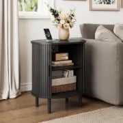 Lumin – Round Side Table with Storage & Charging – Natural Wood