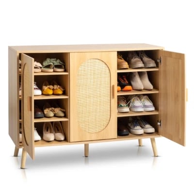 Rubena – Natural Wood Shoe Cabinet with Rattan Front (Three Doors)
