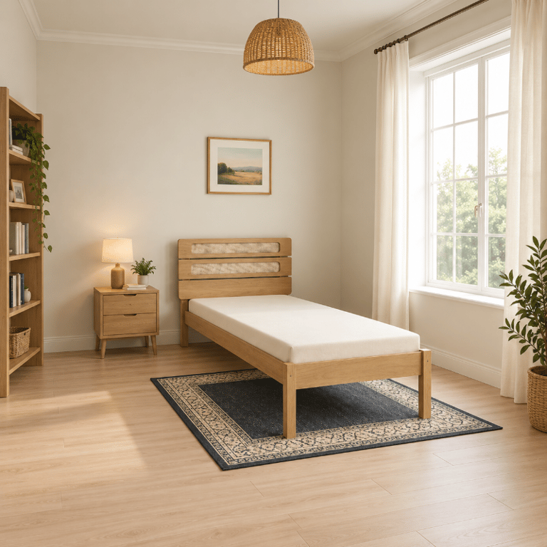 Picture of Solenne – Single Bed in Natural Wood with Modern Slatted Headboard