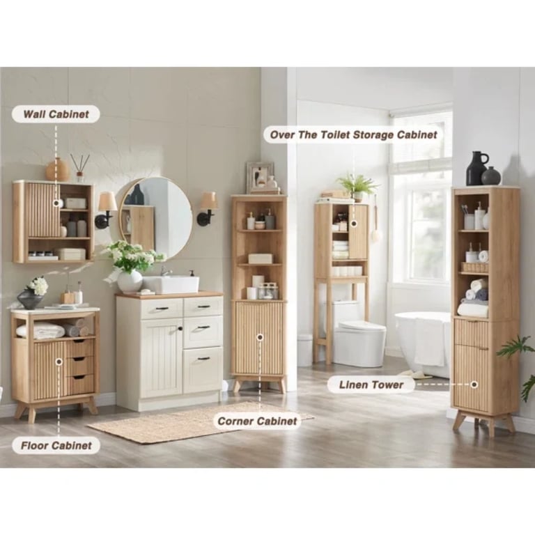 صورة خزانة حمام خشب طبيعي - برونز