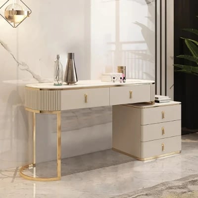 Clarette Vanity – Modern Natural Wood Design with Gold Stainless Frame and Elegant Storage Drawers