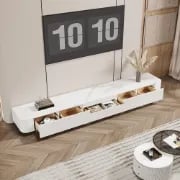 صورة مارلو - وحدة تلفزيون خشب طبيعي بقاعدة ذهبية وأدراج تخزين