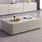 صورة طاولة قهوة لوسترا من الخشب الطبيعي – بسطح حجري وتخزين مخفي