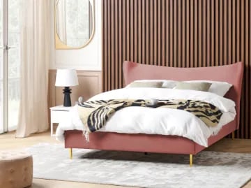 Velora Upholstered Bed – Padded Headboard with Gold Stainless Steel Legs