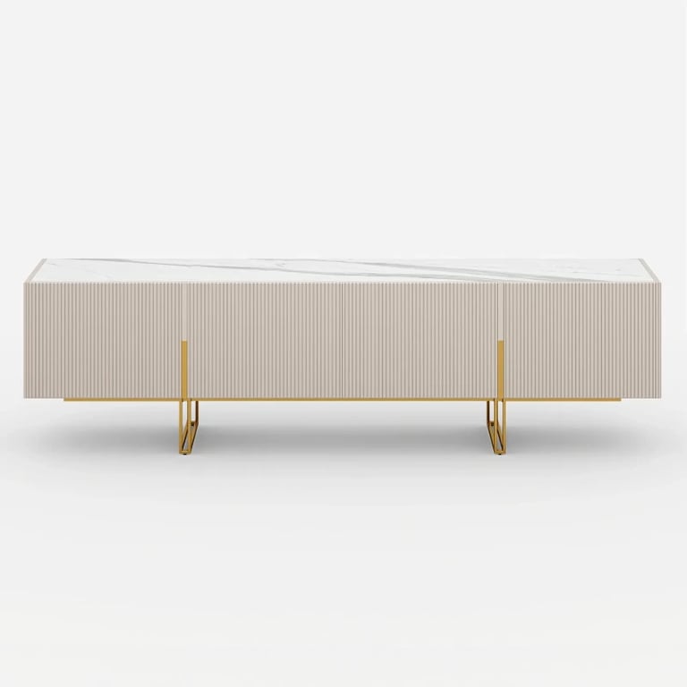 Élory - Natural Wood TV Stand with Stainless Steel Legs & Marble-Look Top