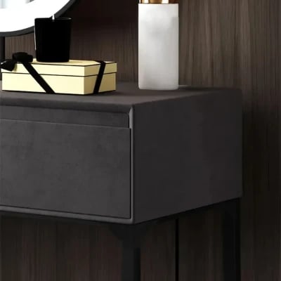 Enigma Vanity with Round Mirror and Elegant Chair – Natural Wood