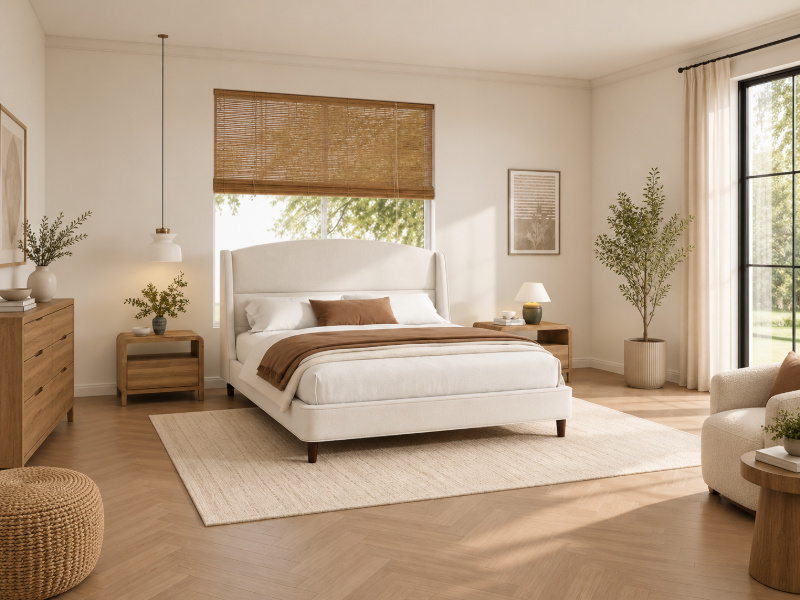 Picture of Monroe – Upholstered Bed with Wingback Headboard – Natural Wood Frame