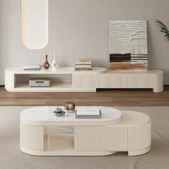 Levanto Set – Extendable TV Unit and Coffee Table with Marble-Effect Top