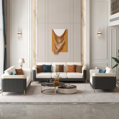 Diora – Sofa Set of Two Sofas & One Armchair with Natural Wood Frame and Gold Stainless-Steel Legs