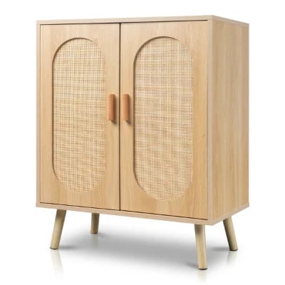 Rubena – Natural Wood Shoe Cabinet with Rattan Front