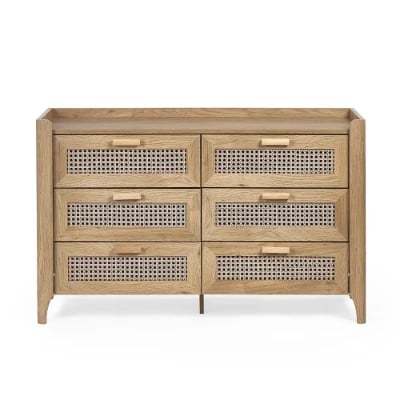 Elira – Natural Wood & Rattan 6-Drawer Chest