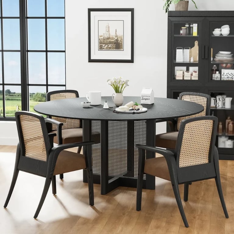 Ravina – Round Dining Table Set with Chairs | Natural Wood & Rattan