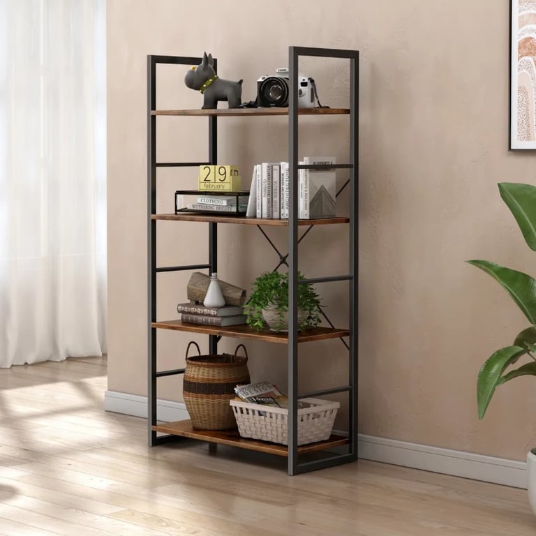 Landrin – Open Bookcase with Natural Wood Shelves & Metal Frame