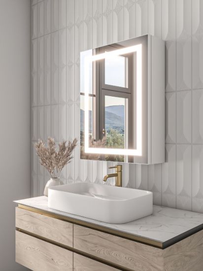 صورة تولين مرآة حمام بإضاءة ليد و خزانة