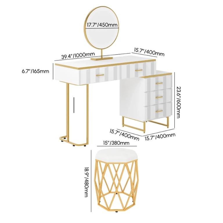 Valencia Vanity Set – Natural Wood with LED Mirror & Pouf Featuring Gold Stainless-Steel Details