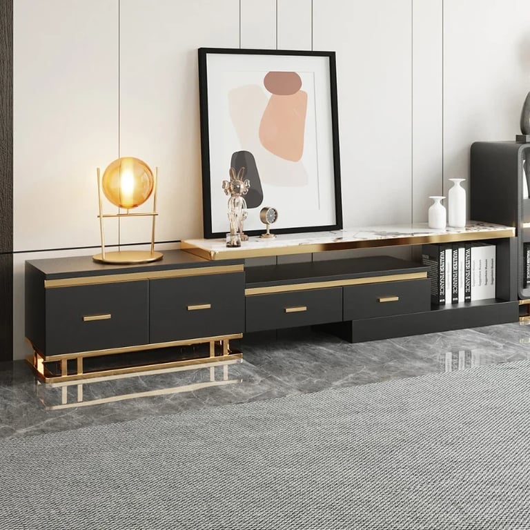 Nocturne – TV Unit and Coffee Table Set in Natural Wood with Gold Stainless Steel Accents and Marble-Look Top