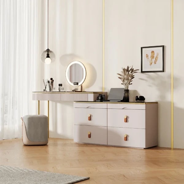 Léonie Vanity Set – Natural Wood with LED Mirror, Chair, and Storage Drawers