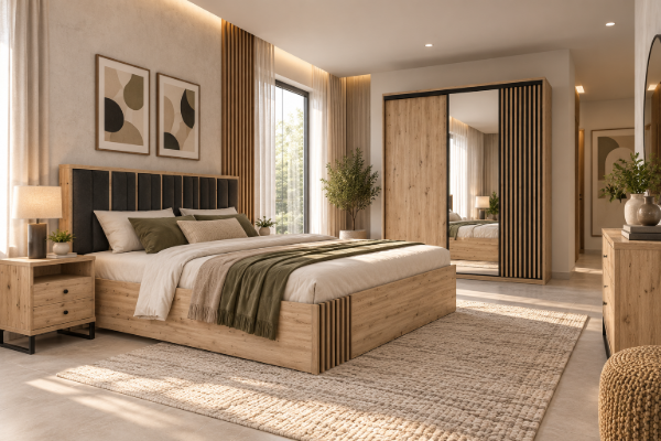 Picture of Linea Natural Wood Bedroom Set – Slatted Accents