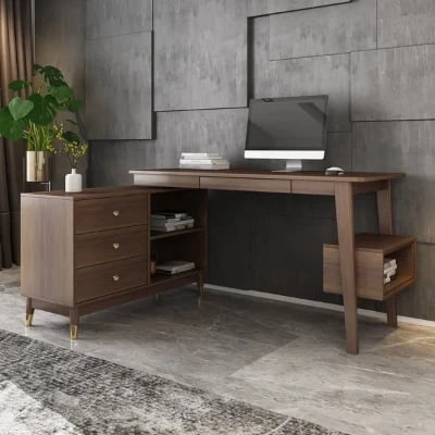 Picture of Ultic – L-Shaped Natural Wood Home Desk with Drawers & Shelf