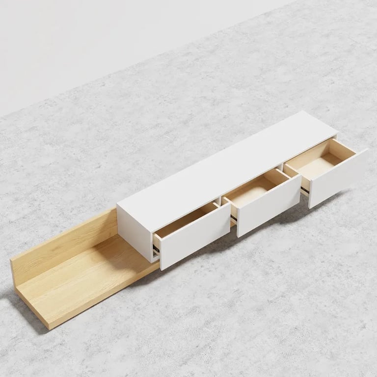 صورة وحدة تلفزيون لوناۤرا قابلة للتوسيع – خشب طبيعي مع 3 أدراج تخزين