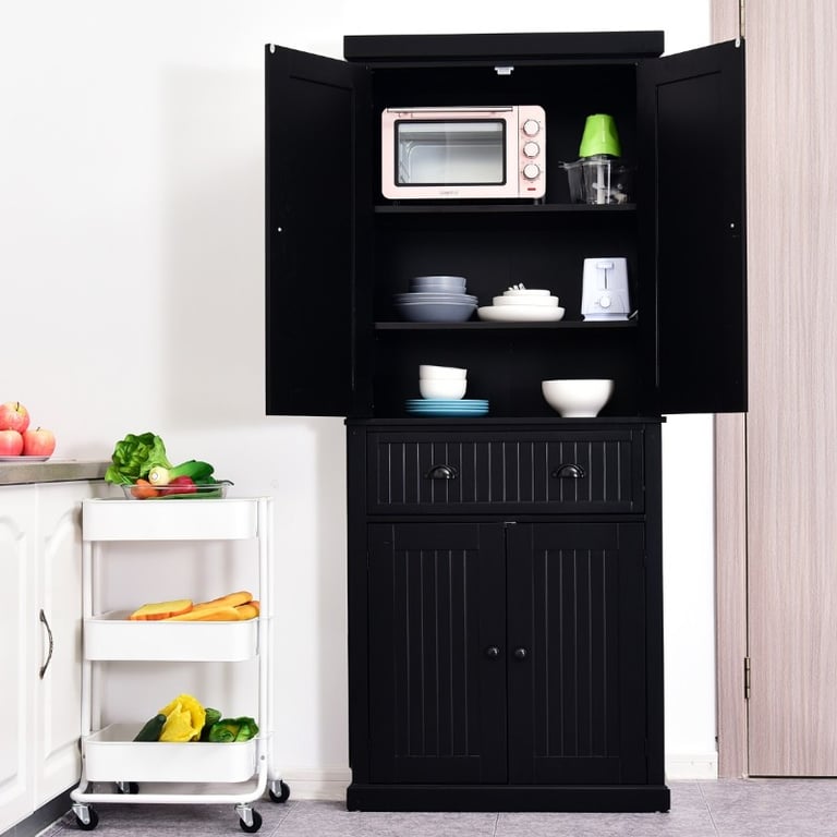 Kity Kitchen Pantry Cabinet – Natural Wood with Dark Modern Finish