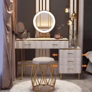 Valencia Vanity Set – Natural Wood with LED Mirror & Pouf Featuring Gold Stainless-Steel Details