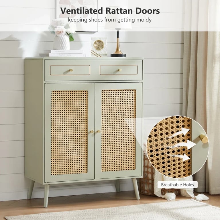 Lévoria - Natural Wood & Rattan Shoe Cabinet