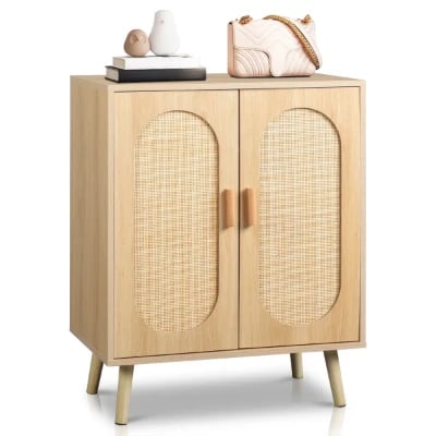 Rubena – Natural Wood Shoe Cabinet with Rattan Front