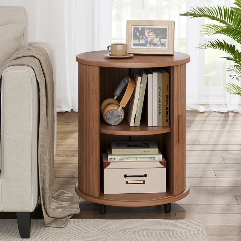 Luna – Round Side Table with Storage – Natural Wood