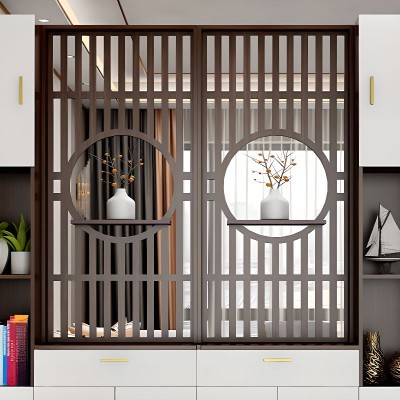 Élévé Display Divider Cabinet – Natural Wood with Decorative Panel.