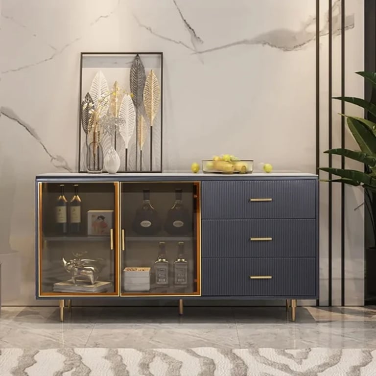 Klamf Sideboard – Natural Wood with Glass Doors and Golden Accents