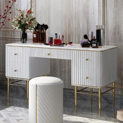 Vanity Dressing Table – Marble-Effect Top with Gold Legs