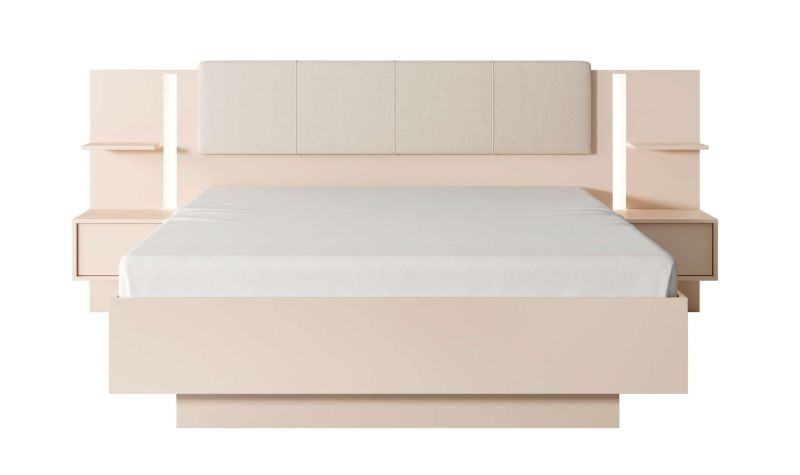 صورة طقم غرفة نوم إلارا من الخشب الطبيعي – لوح رأس مُبطن مع رفوف جانبية