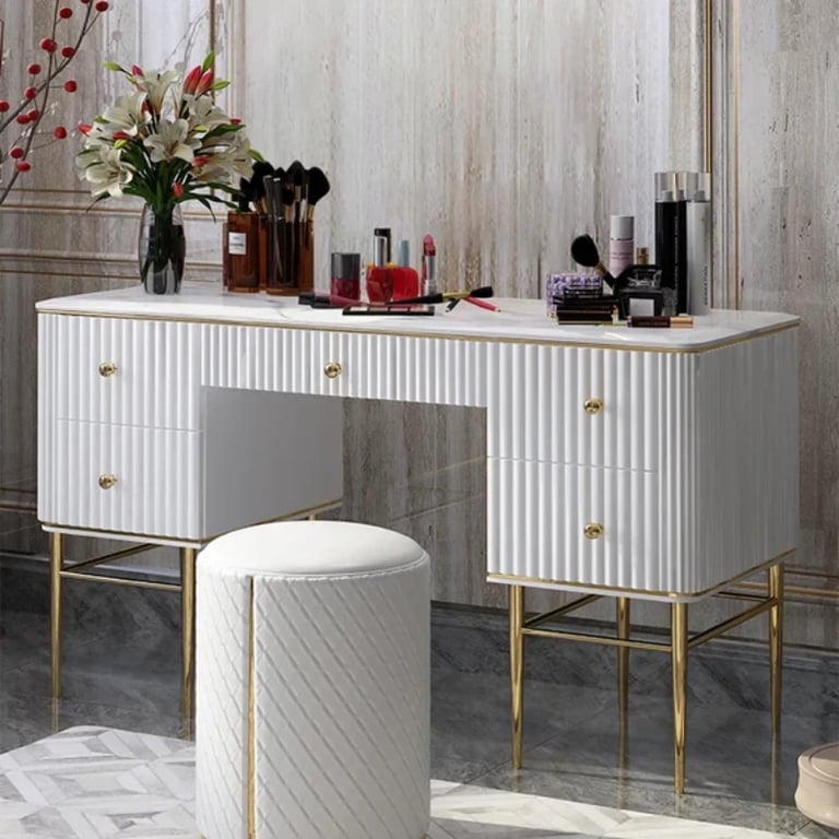 Vanity Dressing Table – Marble-Effect Top with Gold Legs