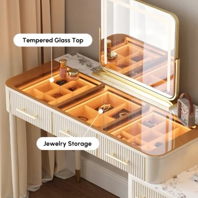 Velona Vanity Set – Natural Wood with Glass & Marble-Look Surfaces, LED Mirror & Chair