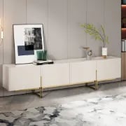 صورة ڤالينتي طاولة تلفزيون من الخشب الطبيعي – قاعدة نحاسية وأبواب مضلعة