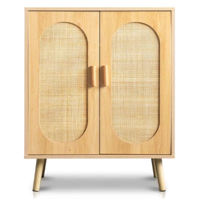 Rubena – Natural Wood Shoe Cabinet with Rattan Front