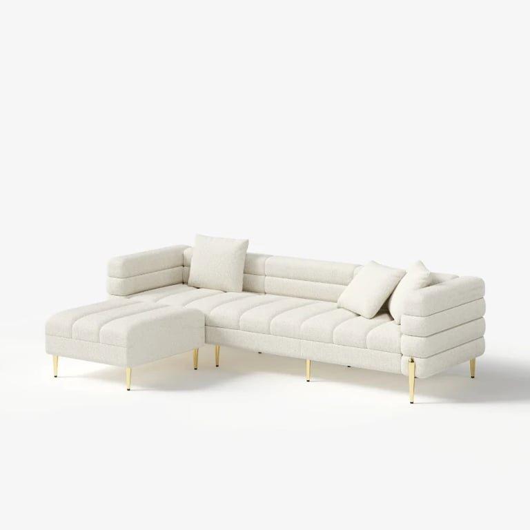 Amélis– Modern Natural Wood Sofa Set with Armchair and Ottoman, Golden Legs