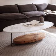 Elaris – Oval Coffee Table with Two Layers | Natural Wood & Marble Alternative
