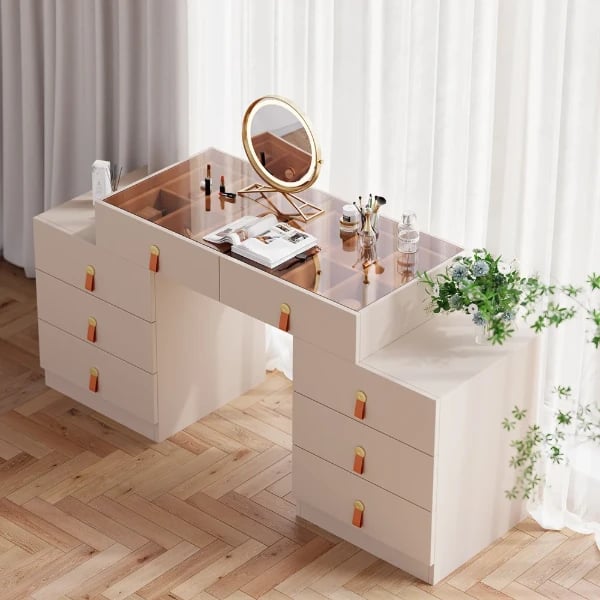 Verona Vanity Set – Dual Natural Wood Storage Cabinets with Elegant Glass Top and Organizer