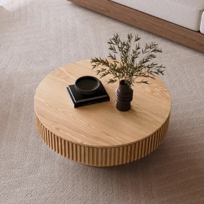 Elyra Round Coffee Table with Hidden Storage – Natural Wood