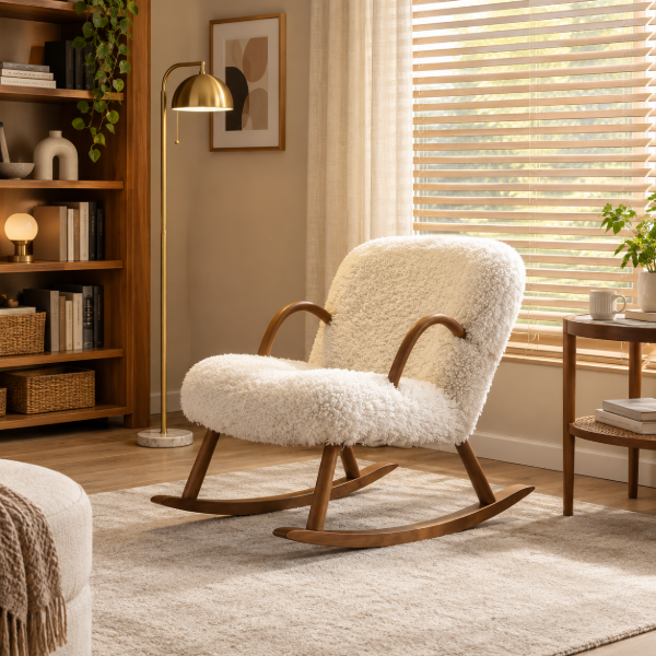 Hais Sherpa Rocking Armchair – Natural Wood Base with Soft Upholstery