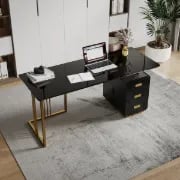 صورة جيفار – مكتب خشب طبيعي بتشطيب أبيض وذهبي مع عجلات